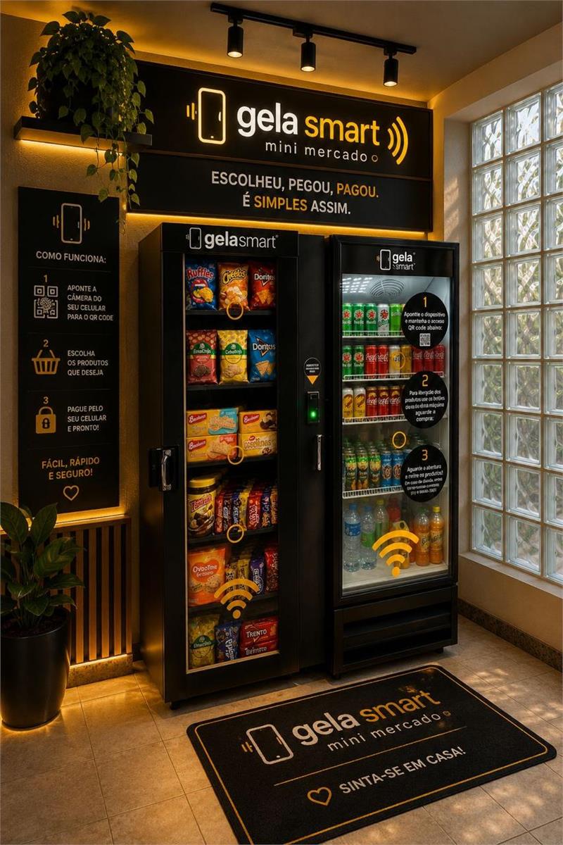 Loja Gela Smart mini mercado com painel explicando como funciona a compra em 3 passos